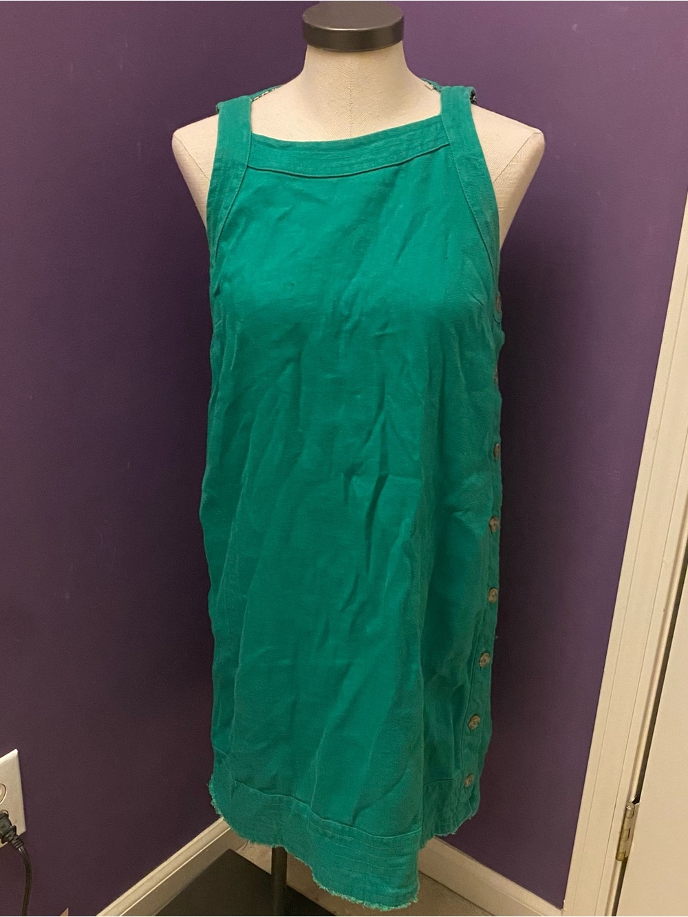 Boden Sleeveless Shift Jumper Dress Sz S Green Mod Pinafore Raw Hem Tencel Linen